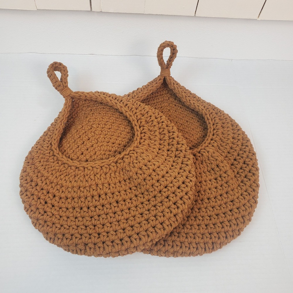 Handmade Crochet Wall Hanging Baskets Set of 2 Brown Boho Storage Pods